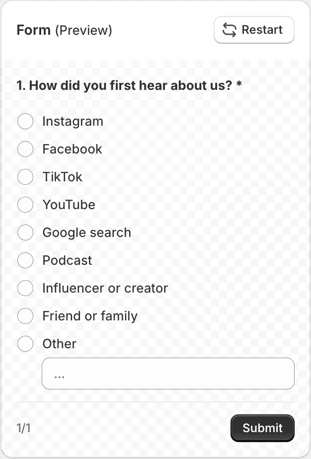 The live preview next to the editor, showing the question “How did you first hear about us?” with nine answer options and a Submit button